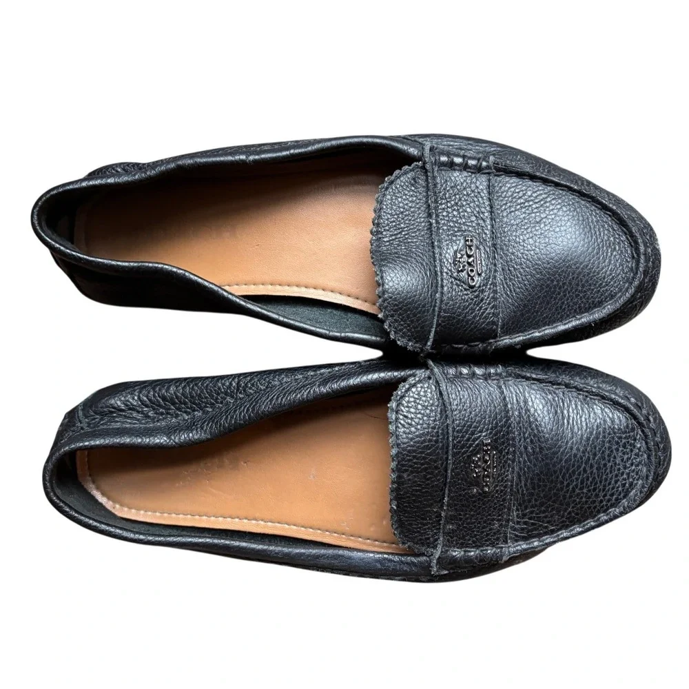 Coach Black Pebbled Leather Driver Loafers Moccassin Flats Gunmetal Logo Womens